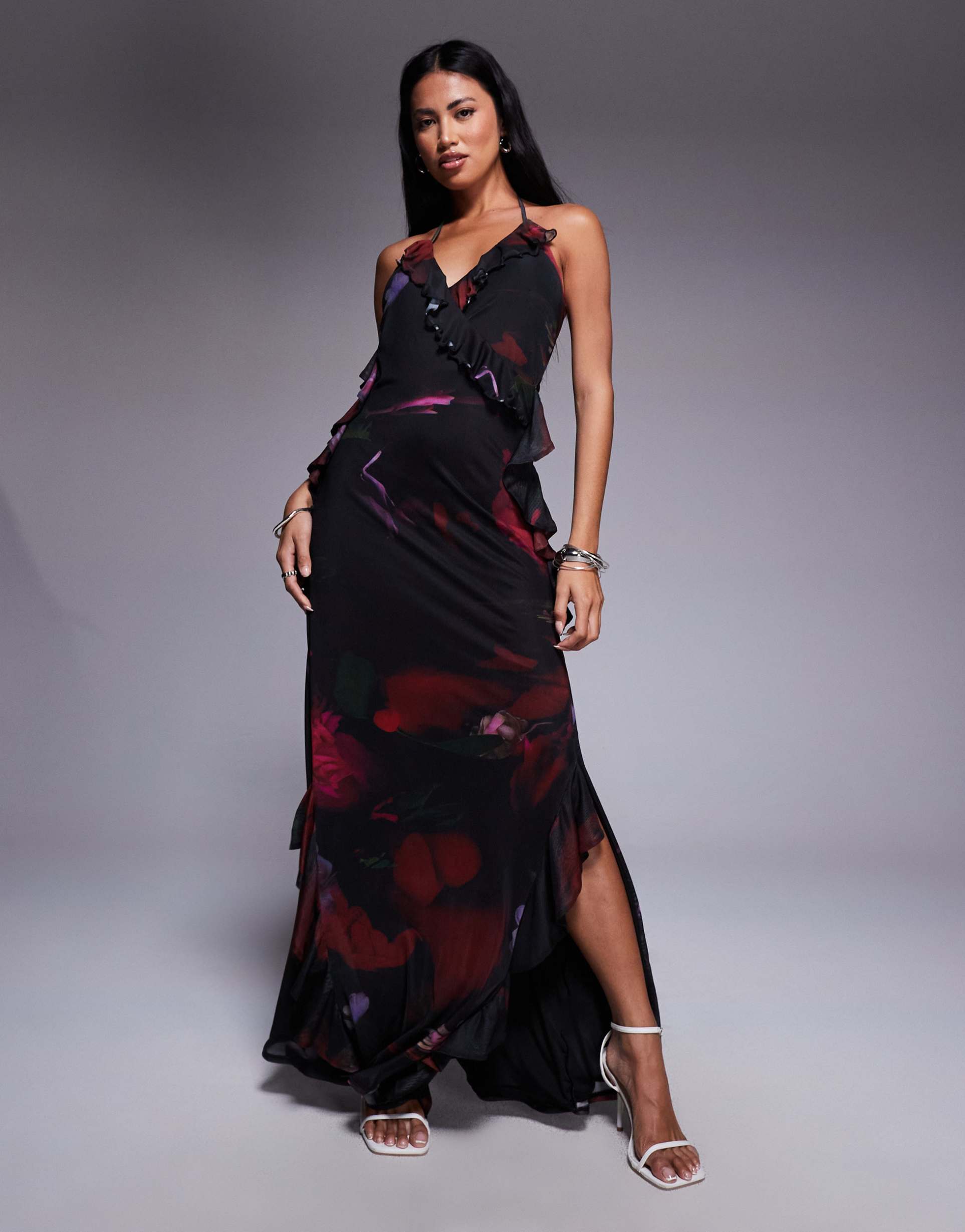 asos design mesh cami frill detail maxi dress in floral print