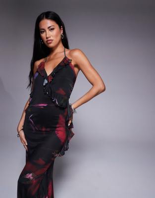 Asos Design Mesh Cami Frill Detail Maxi Dress In Burgundy