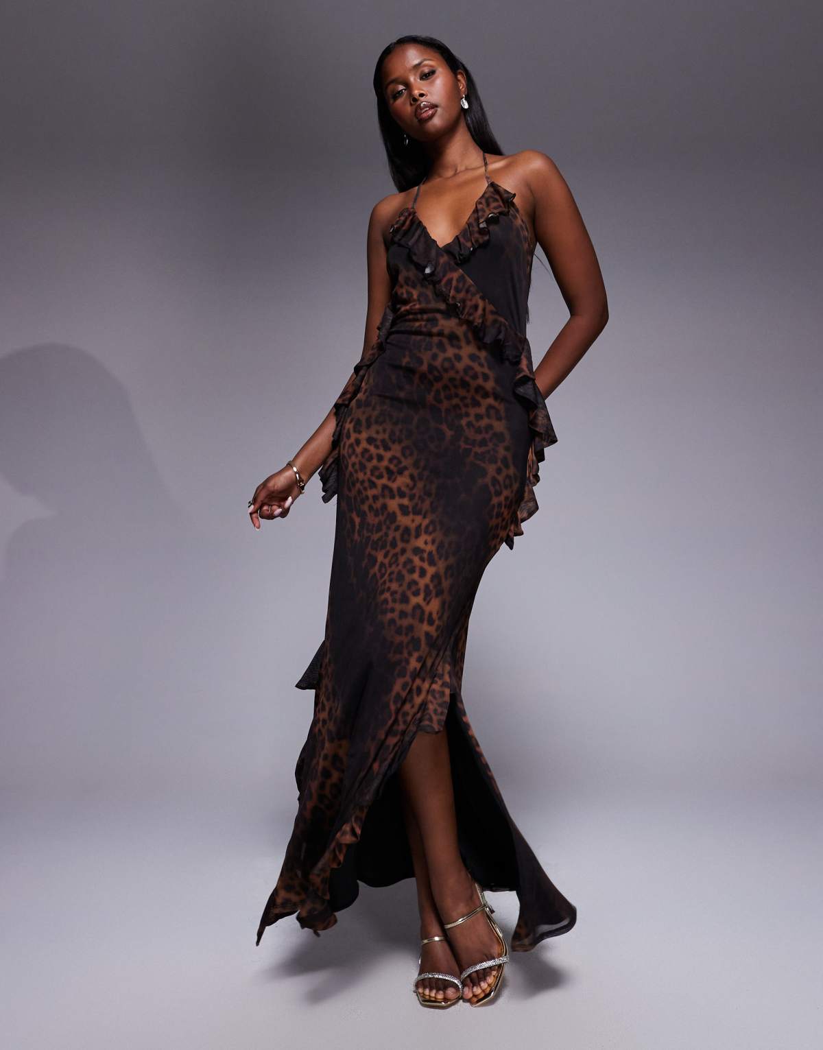 ASOS DESIGN mesh cami frill detail maxi dress in leopard print