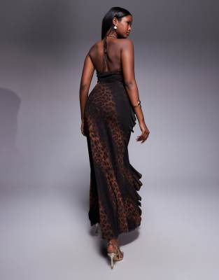 Asos Design Mesh Cami Frill Detail Maxi Dress In Brown