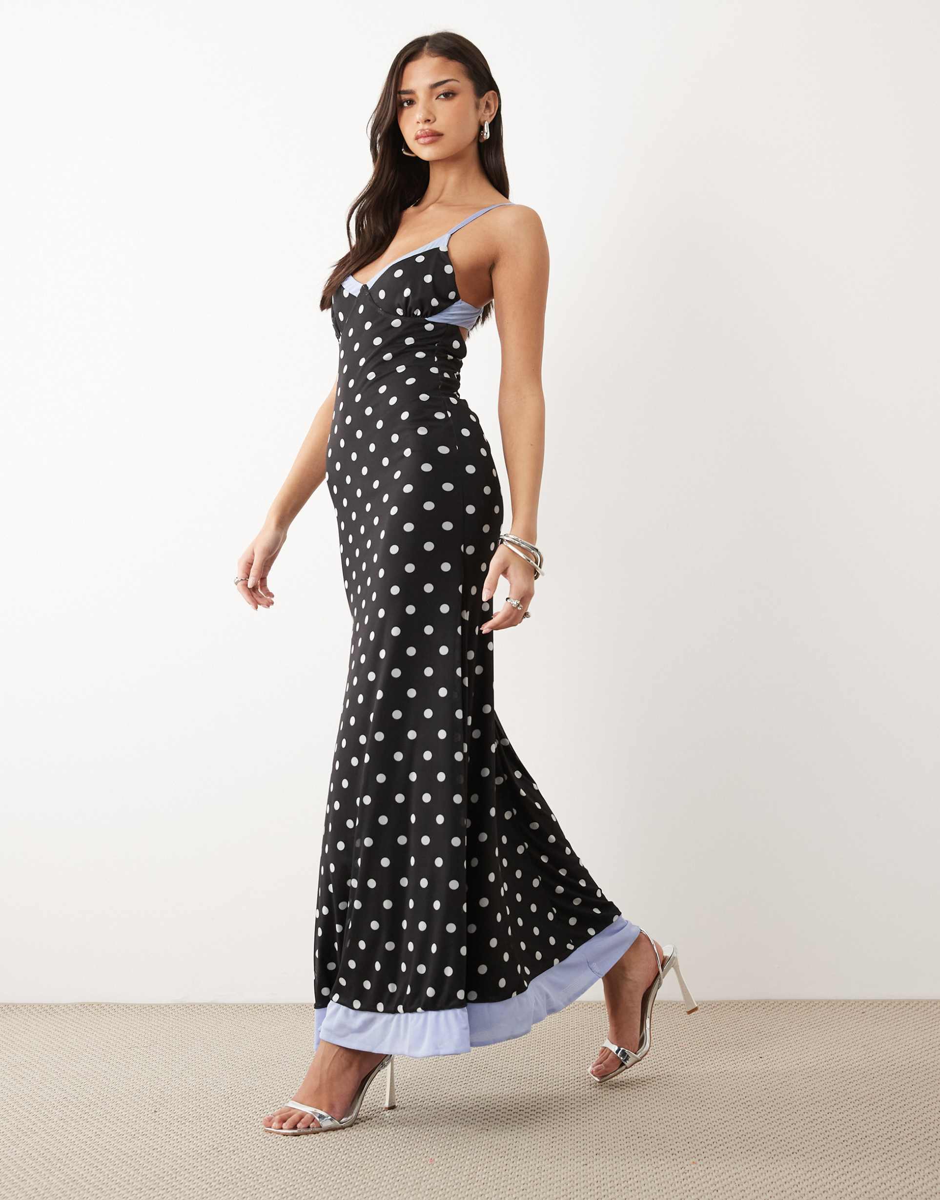 asos design mesh cami maxi dress in blue polka dots