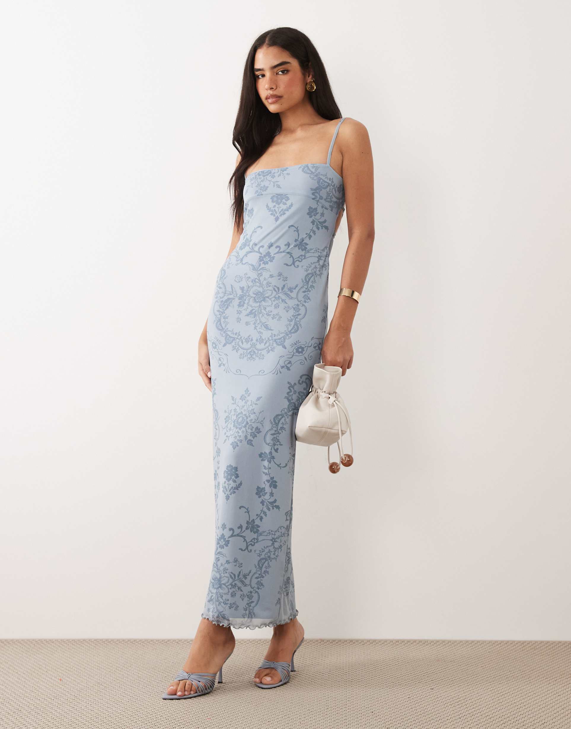 asos design mesh cami maxi dress in blue