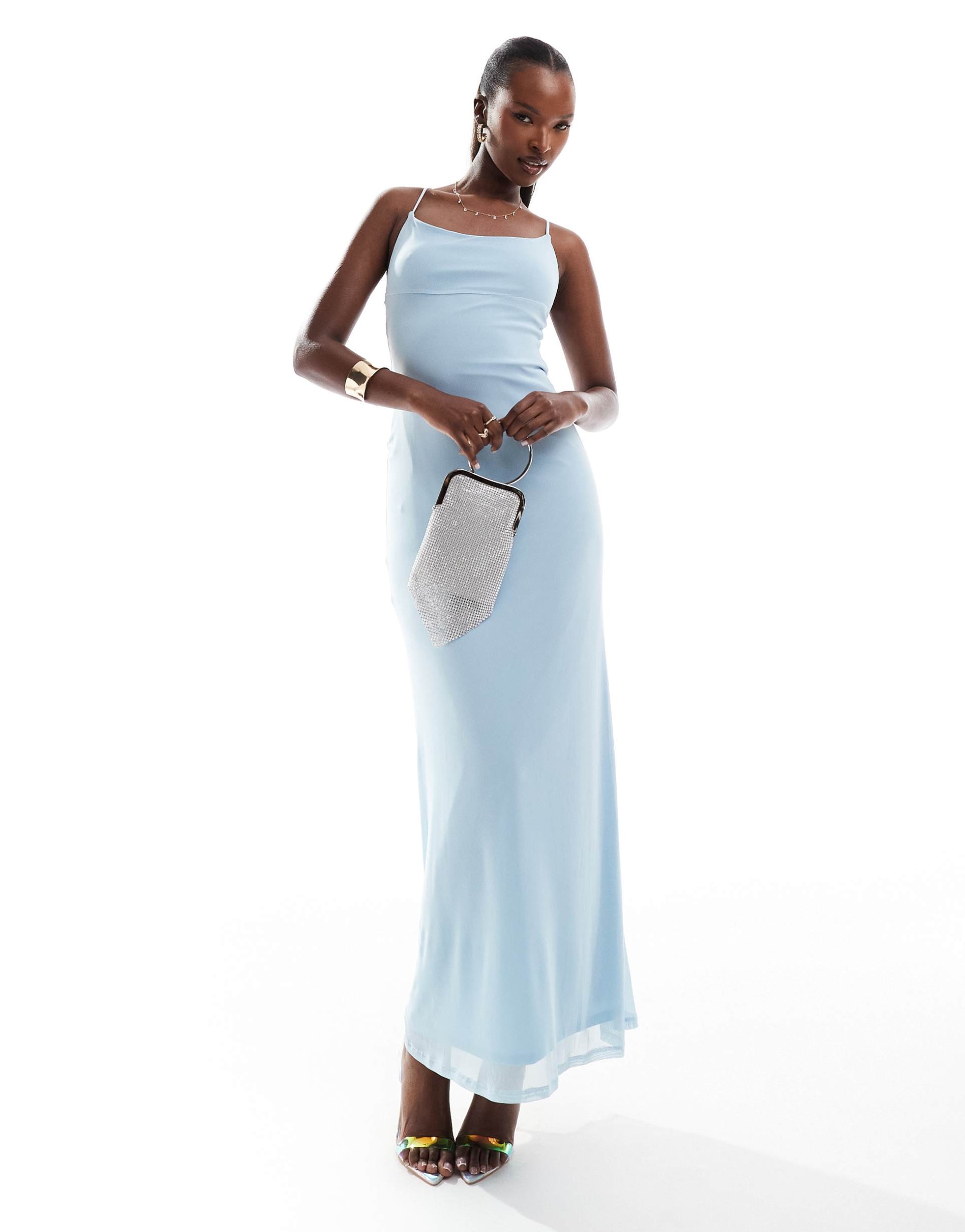 asos design mesh cami maxi dress with cross back in baby blue