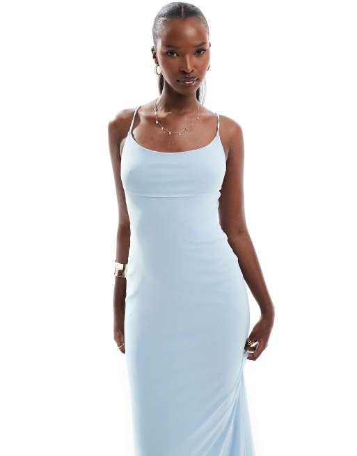 ASOS DESIGN mesh cami maxi dress with cross back in baby blue