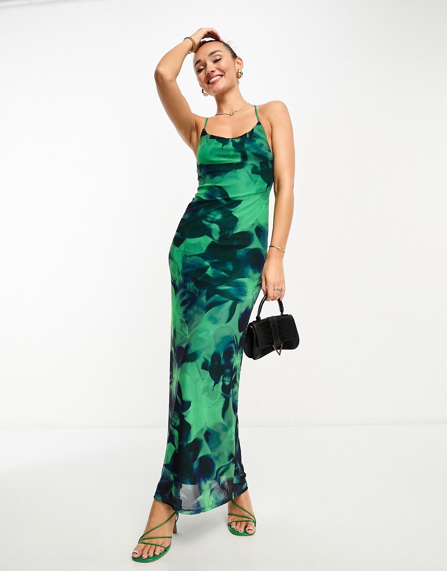 ASOS DESIGN mesh cami maxi dress with cross back in green floral