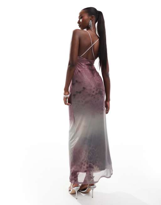 ASOS DESIGN mesh cami maxi dress with cross back in rose print, 2 of 4