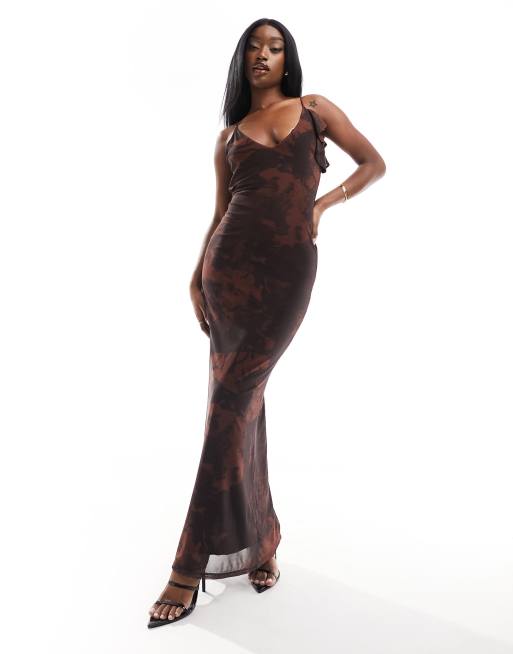 ASOS DESIGN mesh cami maxi dress with ruffle back detail in brown marble  print | ASOS
