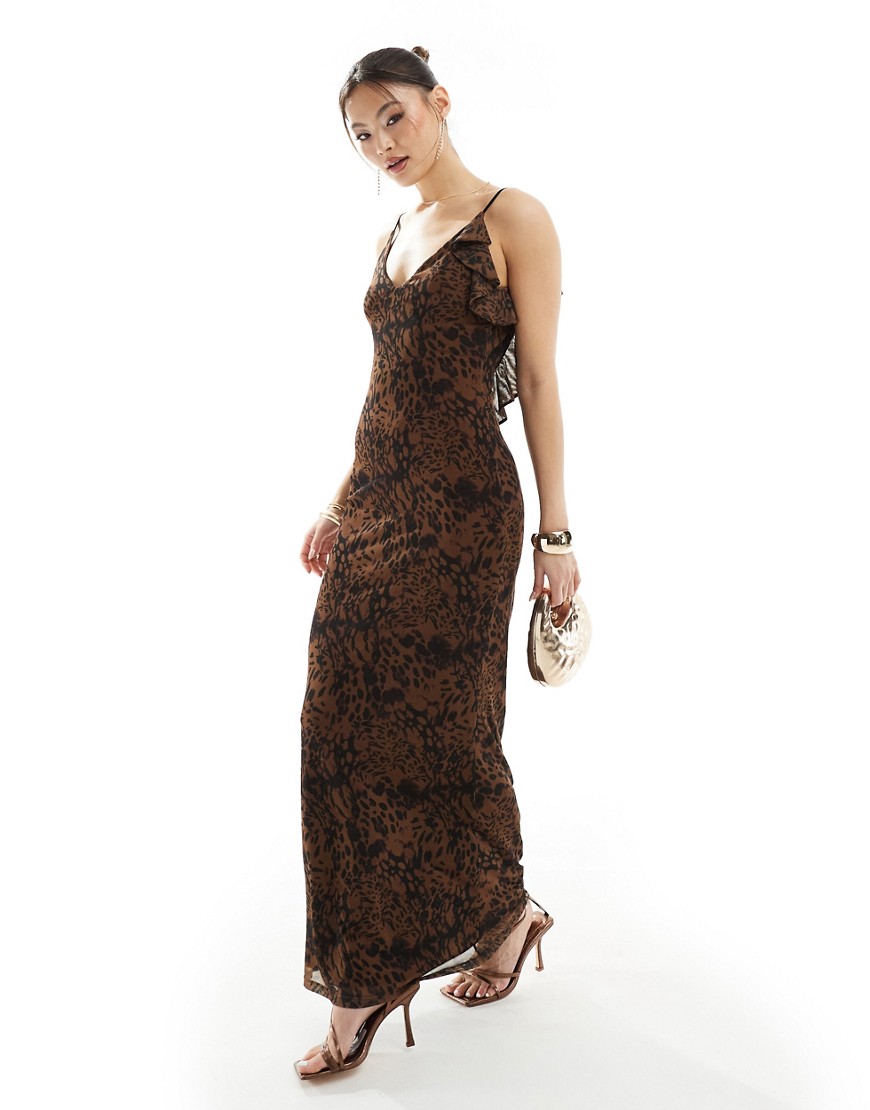 ASOS DESIGN mesh cami maxi dress with ruffle back detail in brown rodeo print-Multi