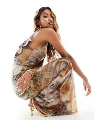 ASOS DESIGN mesh cami maxi dress with ruffle back detail in gold rose print