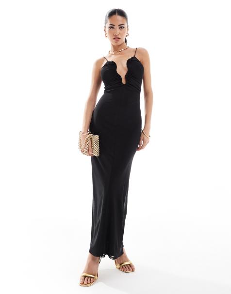 ASOS DESIGN mesh cami midi dress with curvy neckline in black - view 1