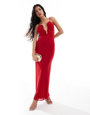 Asos Design Mesh Cami Midi Dress With Curvy Neckline In Red