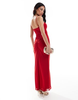 asos design mesh cami midi dress with curvy neckline in red