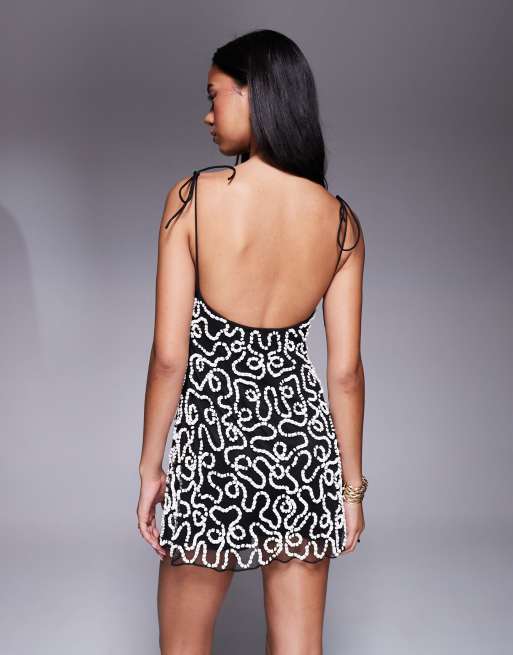 ASOS DESIGN mesh cami mini dress with artwork swirl contrast embellishment in black