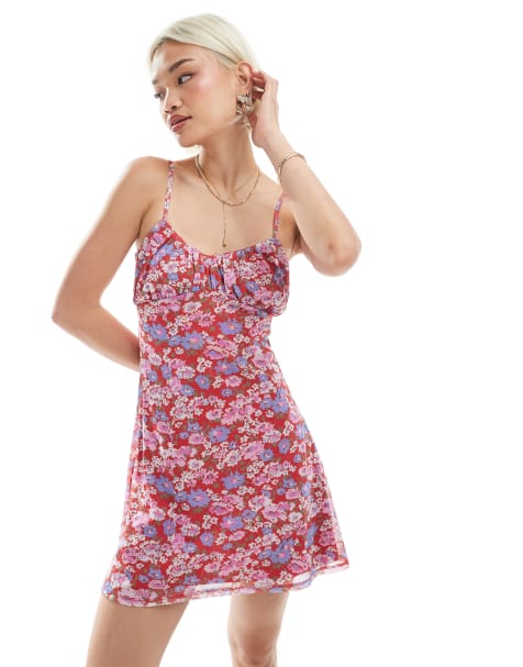 ASOS DESIGN mesh cami ruched bust mini dress in pink ditsy print - view 1