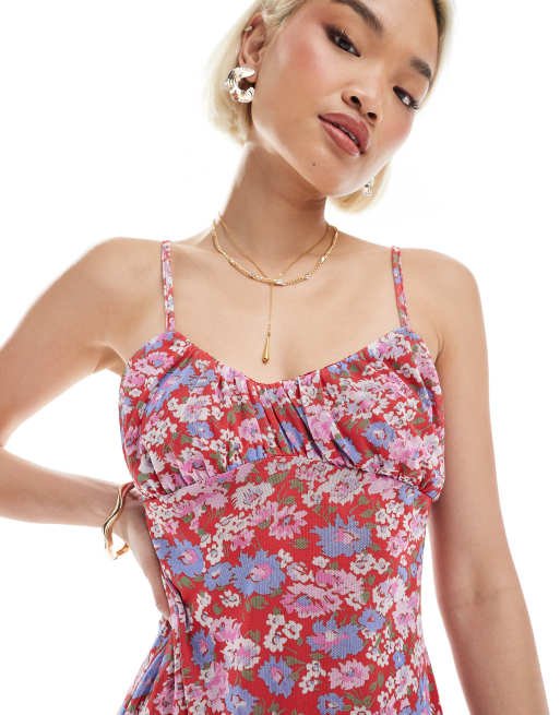 ASOS DESIGN mesh cami ruched bust mini dress in pink ditsy print, 3 of 4
