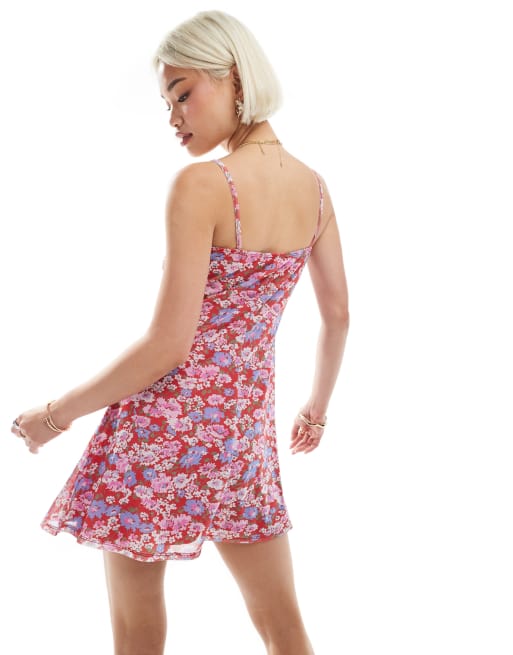 ASOS DESIGN mesh cami ruched bust mini dress in pink ditsy print, 4 of 4