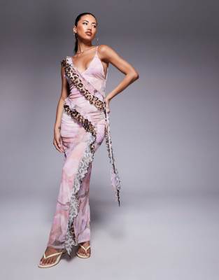 Asos Design Mesh Cami Ruffle Maxi Dress In Pink
