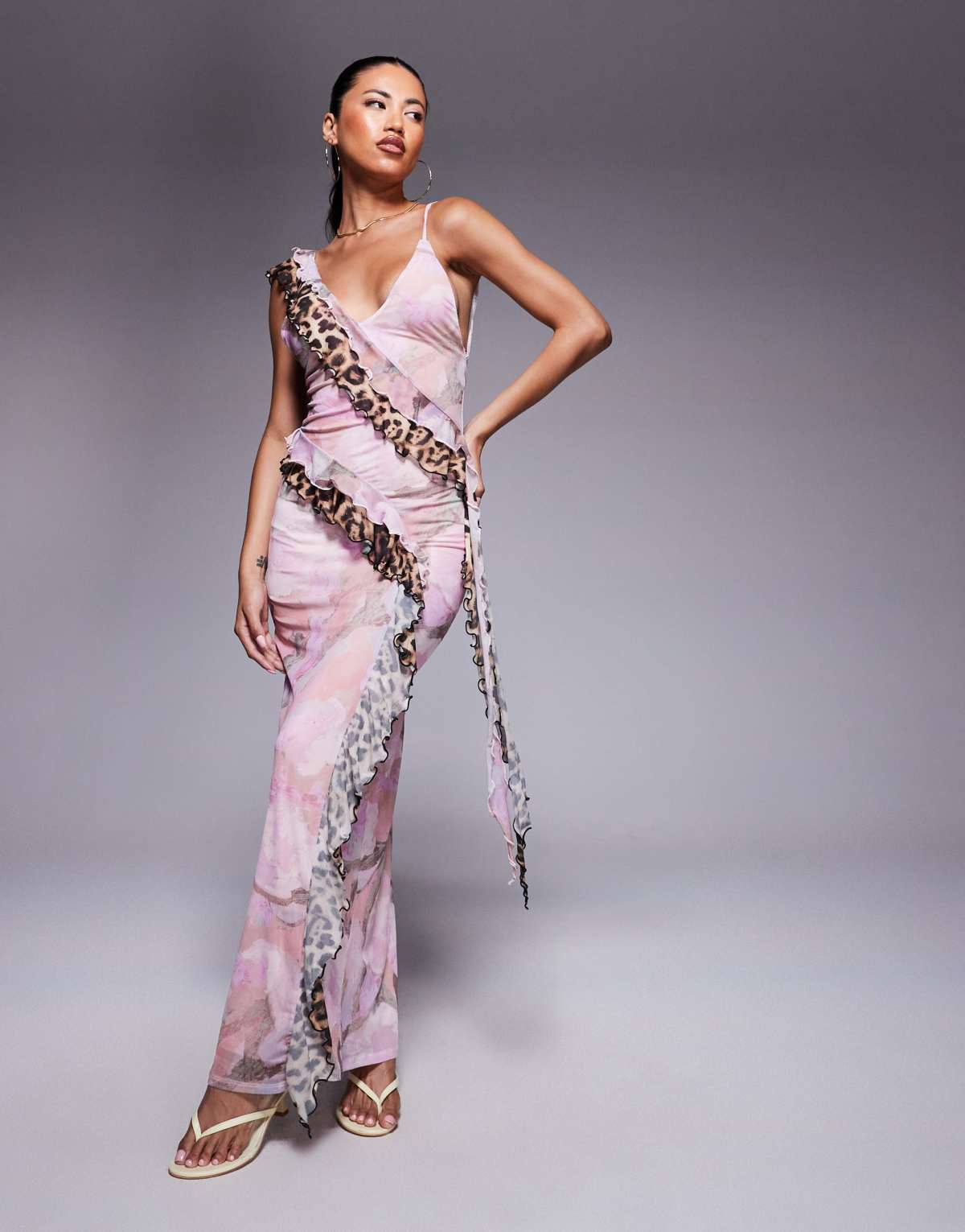 ASOS DESIGN mesh cami ruffle maxi dress in floral and animal print
