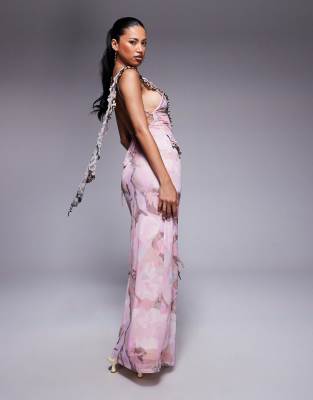 Asos Design Mesh Cami Ruffle Maxi Dress In Pink