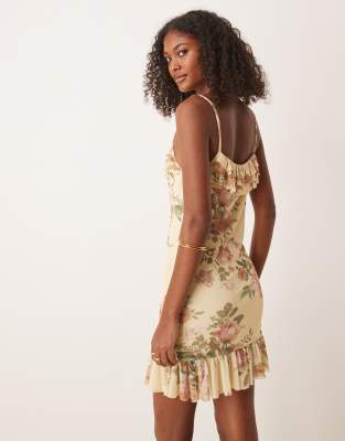 Asos Design Mesh Cami Ruffle Mini Dress In Neutral