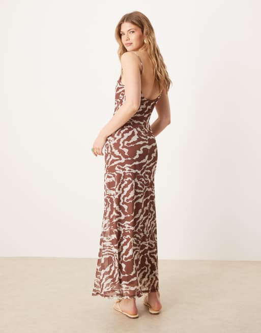 ASOS Design mesh cami scoop back midi dress in brown zebra-Multi