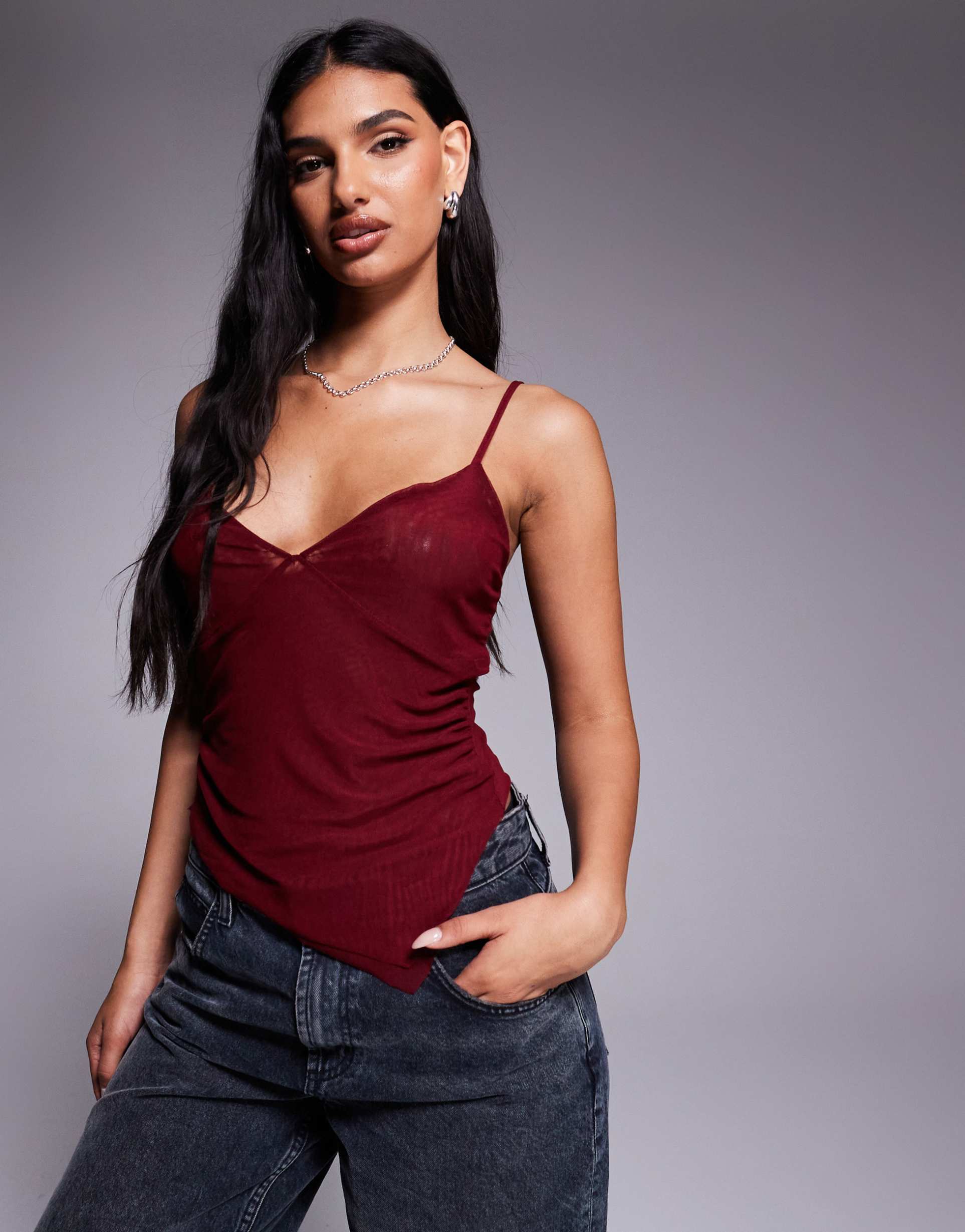 asos design mesh cami top with angled hem in burgundy