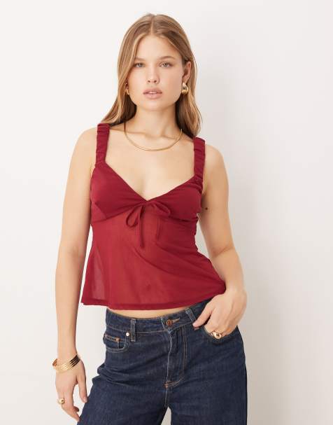ASOS DESIGN mesh cami top with bow detail in beet red - view 1