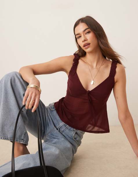 ASOS DESIGN mesh cami top with bow detail in burgundy - view 1