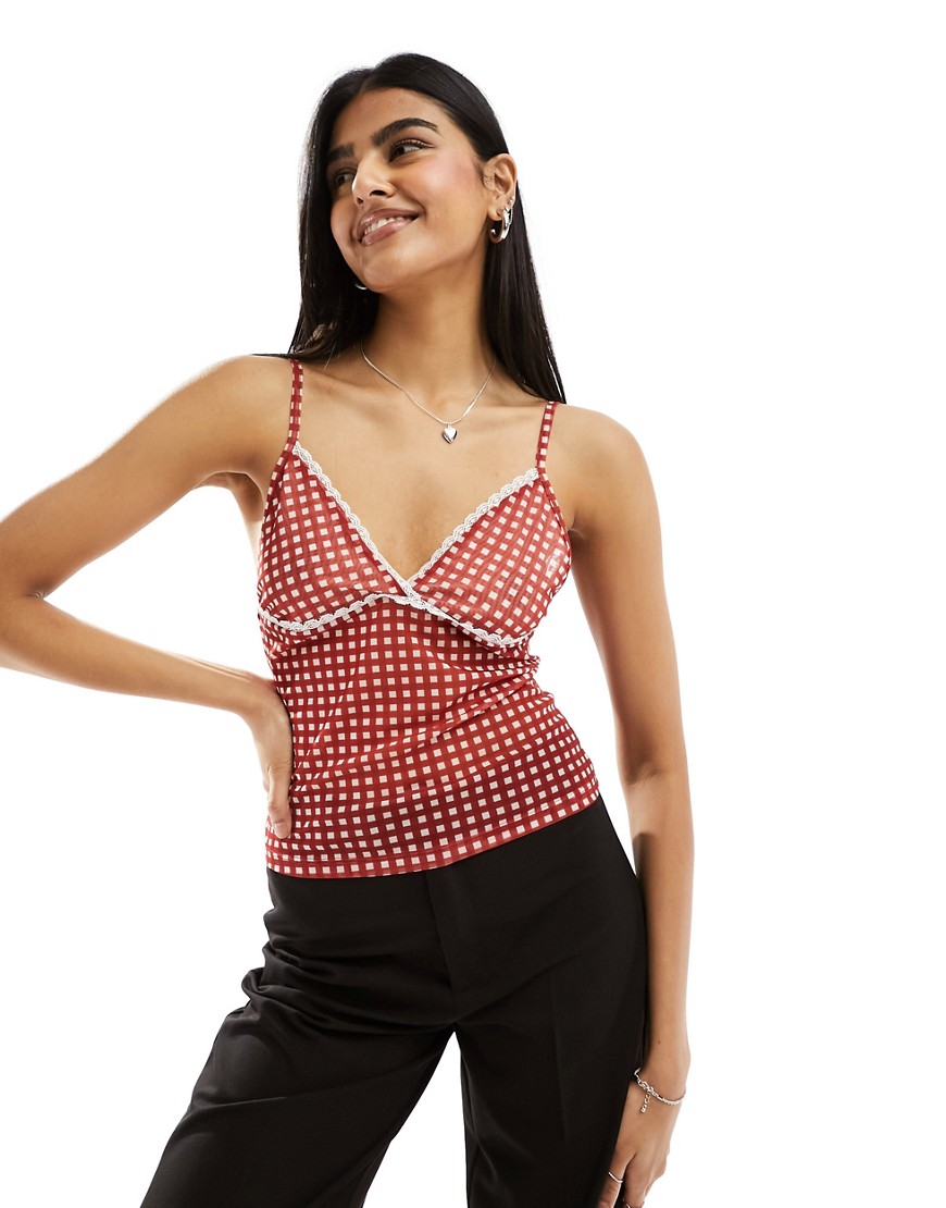 ASOS DESIGN mesh cami top with contrast trim in red gingham-Multi