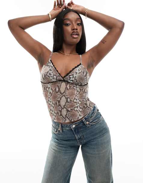 ASOS DESIGN mesh cami top with contrast trim in snake print - view 1