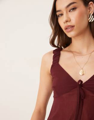 Asos Design Mesh Cami Top With Lace Detail In Brown
