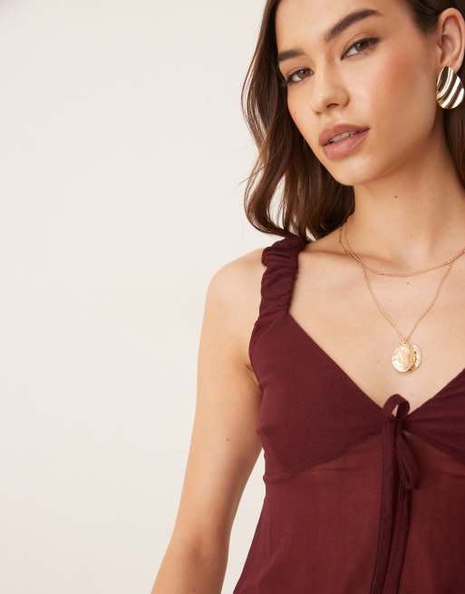 ASOS DESIGN mesh cami top with lace detail in burgundy