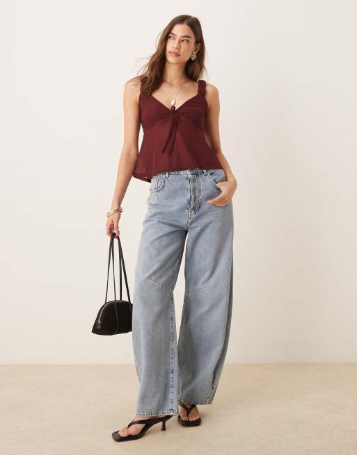 ASOS DESIGN mesh cami top with lace detail in burgundy