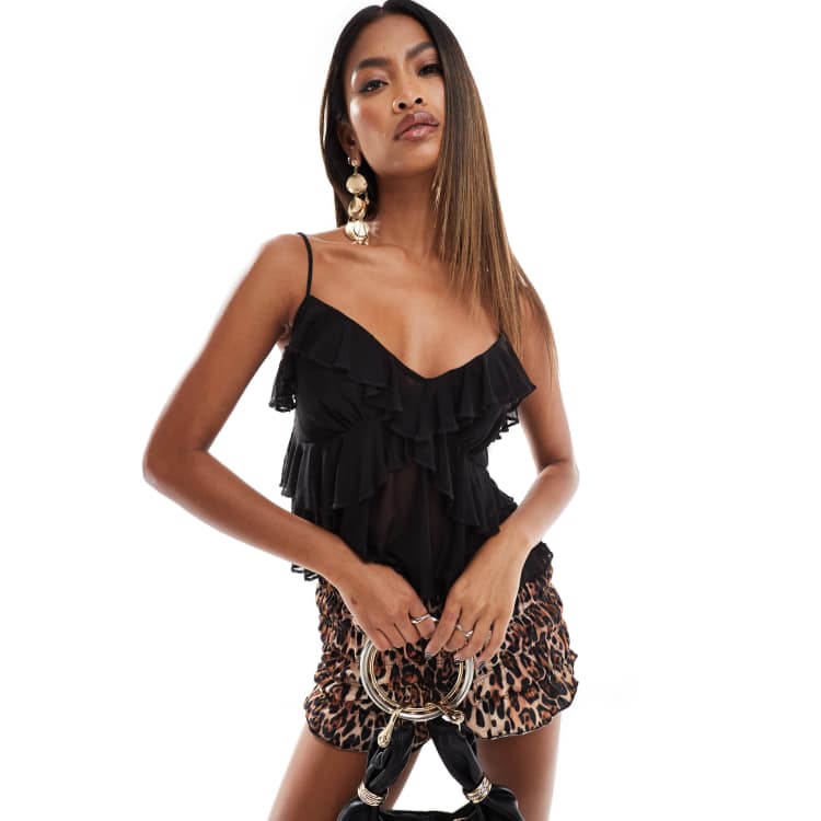 ASOS DESIGN mesh cami top with ruffles in black | ASOS