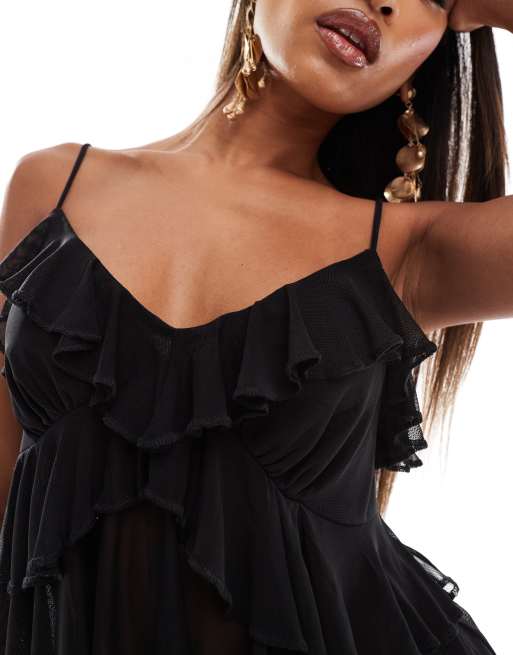 ASOS DESIGN mesh cami top with ruffles in black, 3 of 4