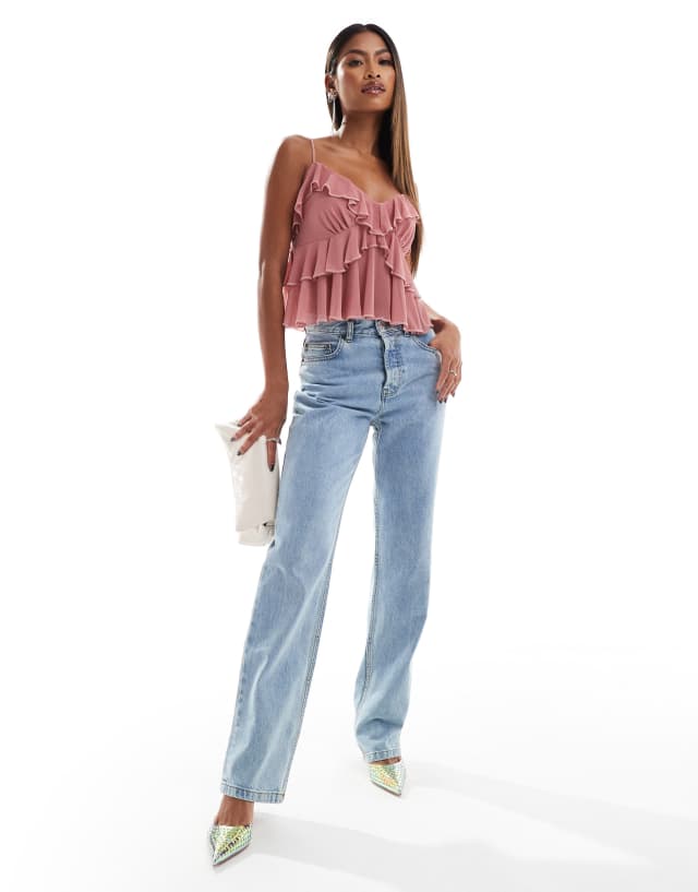 ASOS DESIGN mesh cami top with ruffles in dusty pink | ASOS