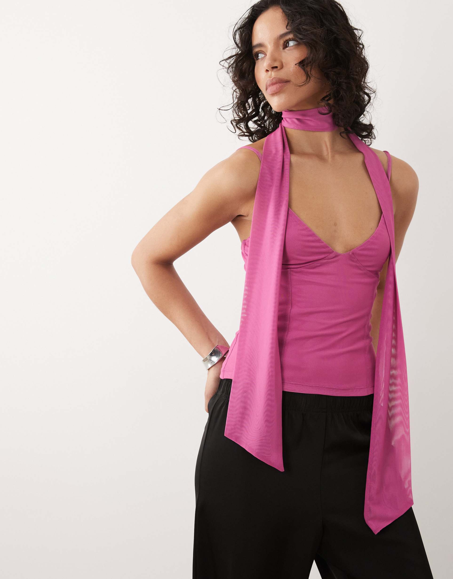 asos design mesh cami top with scarf detail in pink