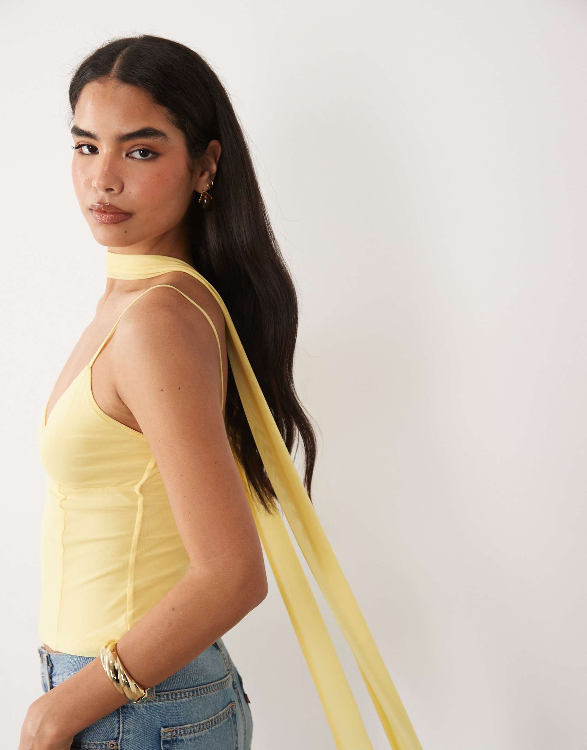 asos design mesh cami top with scarf detail in yellow