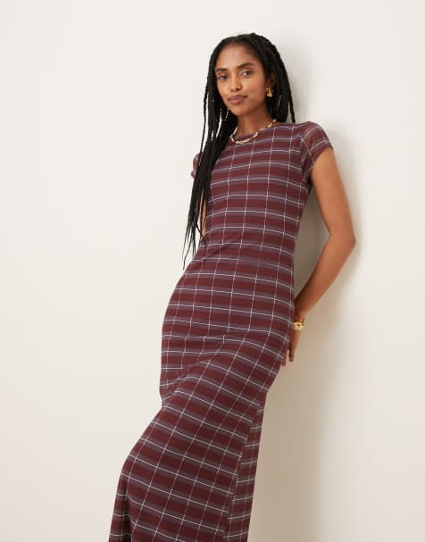 ASOS DESIGN mesh cap sleeve midi dress in burgundy check - view 1