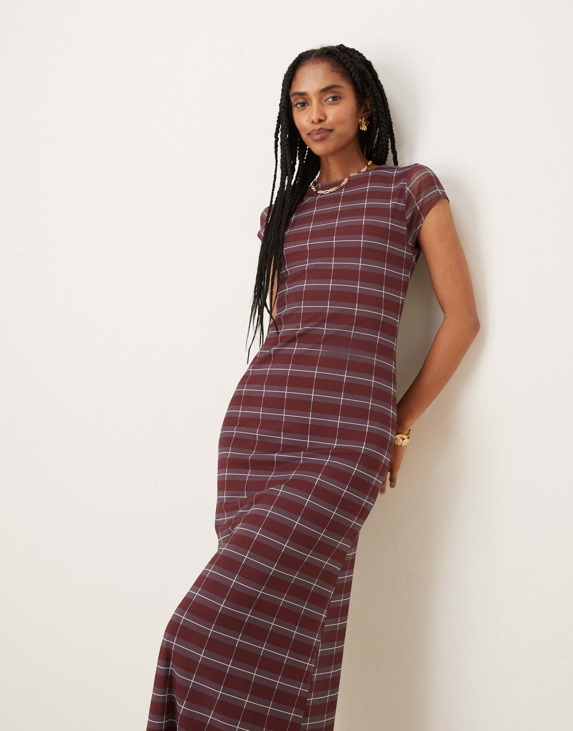 asos design mesh cap sleeve midi dress in burgundy plaid