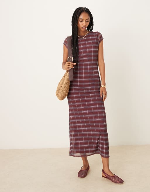ASOS DESIGN mesh cap sleeve midi dress in burgundy plaid