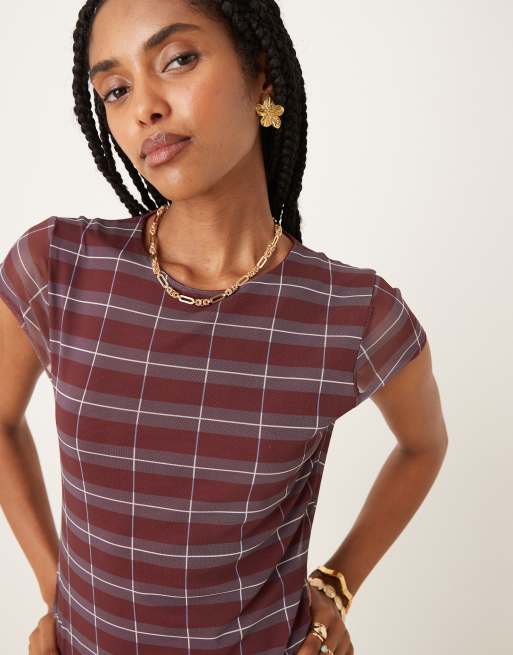 ASOS DESIGN mesh cap sleeve midi dress in burgundy plaid