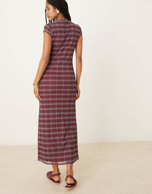 ASOS DESIGN mesh cap sleeve midi dress in burgundy plaid