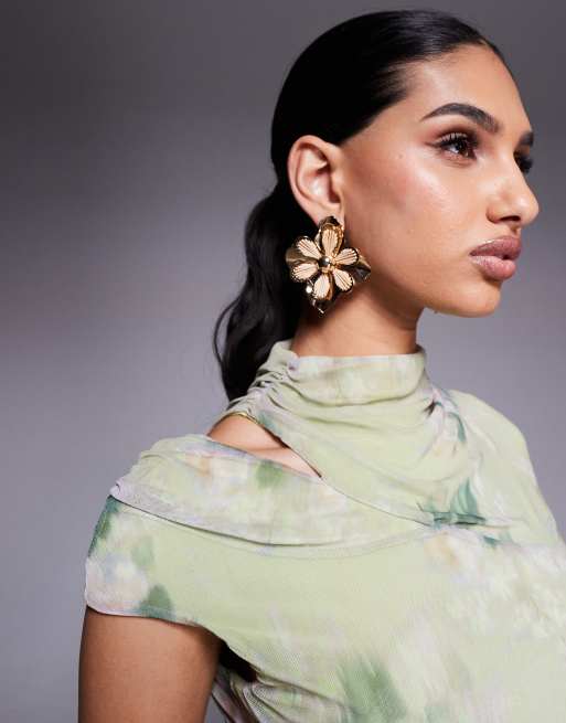 ASOS DESIGN mesh cap sleeve mini dress with slash shoulder in green floral print