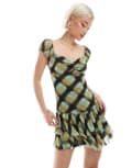 [ASOS DESIGN] ASOS DESIGN mesh cap sleeve ruffle skirt mini dress in check print-Multi S CHECK