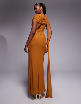 Asos Design Mesh Cape Detail Maxi Dress With Draped Back In Yellow