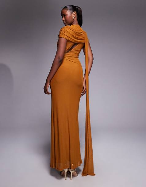 ASOS DESIGN mesh cape detail maxi dress with draped back in burnt yellow