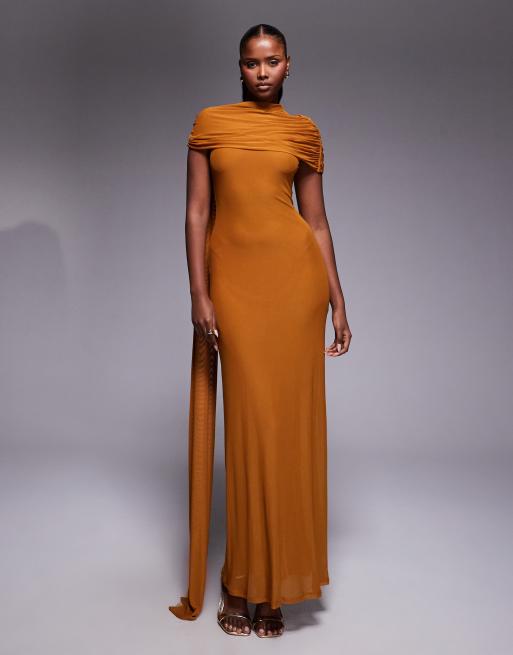 ASOS DESIGN mesh cape detail maxi dress with draped back in burnt yellow, 2 of 4
