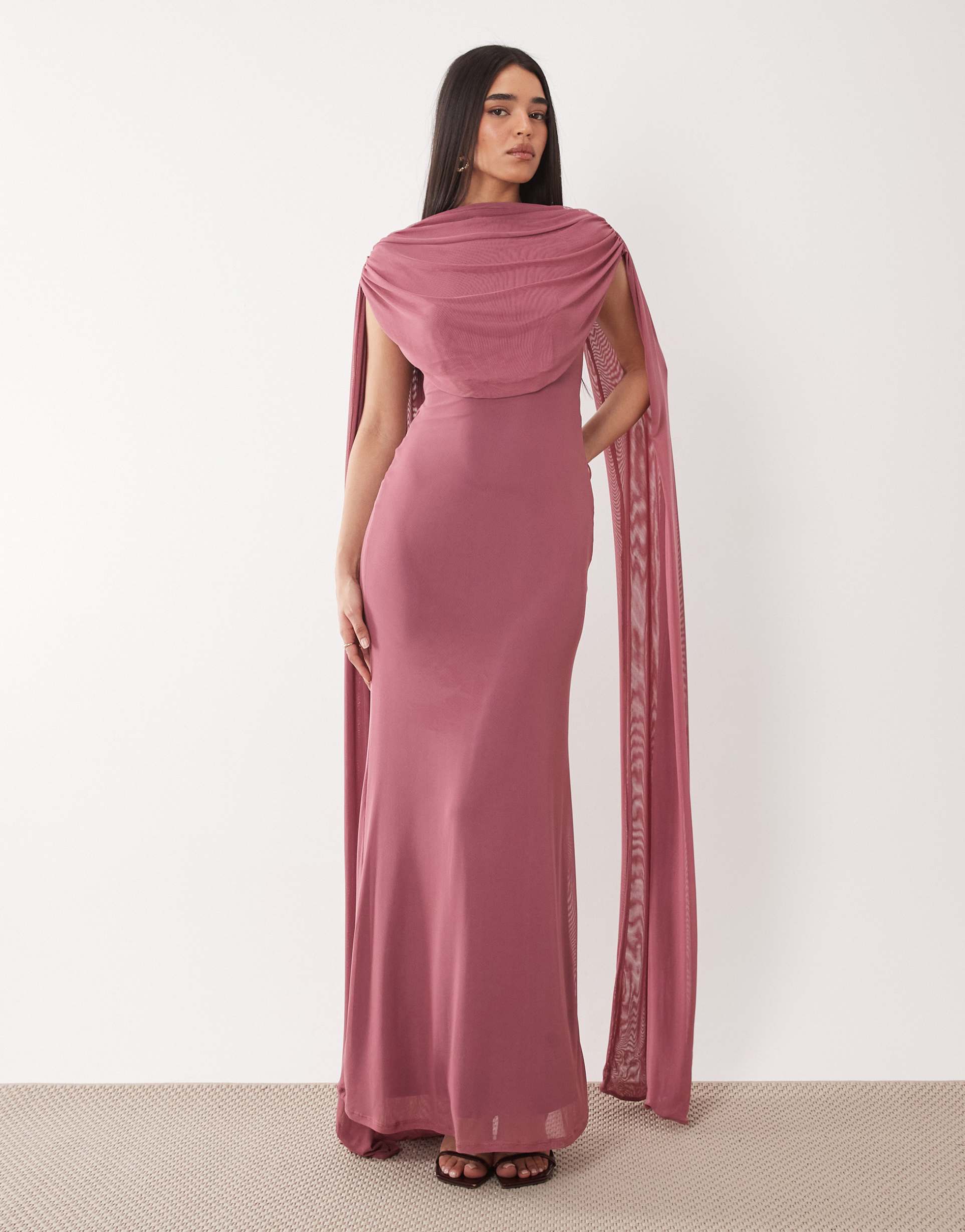asos design mesh cape draped maxi dress in blush