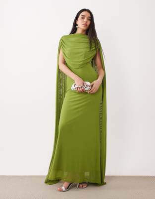 Asos Design Mesh Cape Draped Maxi Dress In Green